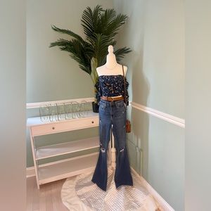 BLUE FLORAL PRINT OFF THE SHOULDER TOP ~ SIZE XS